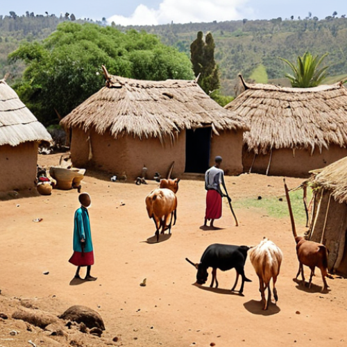 **Rural Ethiopian village life:** A serene scene capturing daily life in a small Ethiopian village. Depict villagers engaging in activities like farming, tending to animals, or crafting. Show traditional homes, and emphasize the warmth and hospitality of the people.