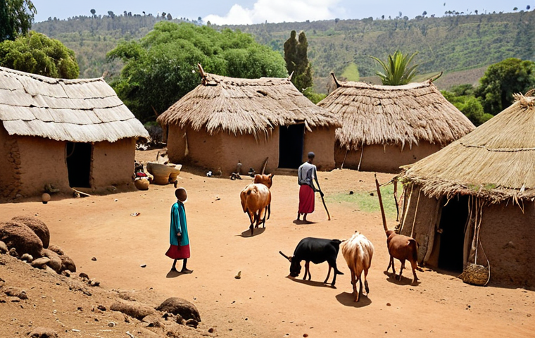 **Rural Ethiopian village life:** A serene scene capturing daily life in a small Ethiopian village. Depict villagers engaging in activities like farming, tending to animals, or crafting. Show traditional homes, and emphasize the warmth and hospitality of the people.