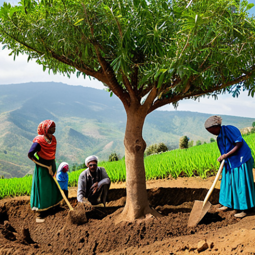 A vibrant, wide-angle shot depicting diverse Ethiopian community members, including men, women, and children, fully clothed in modest, practical attire, actively engaged in a large-scale tree-planting effort. They are seen carefully placing young saplings into the soil on terraced land, their expressions conveying hope and collective determination. The background showcases a landscape in transition, with newly green areas contrasting with the surrounding natural terrain, under a bright, hopeful sky. Perfect anatomy, correct proportions, natural poses, well-formed hands, proper finger count, professional photography, high quality, safe for work, appropriate content, family-friendly.