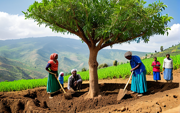 A vibrant, wide-angle shot depicting diverse Ethiopian community members, including men, women, and children, fully clothed in modest, practical attire, actively engaged in a large-scale tree-planting effort. They are seen carefully placing young saplings into the soil on terraced land, their expressions conveying hope and collective determination. The background showcases a landscape in transition, with newly green areas contrasting with the surrounding natural terrain, under a bright, hopeful sky. Perfect anatomy, correct proportions, natural poses, well-formed hands, proper finger count, professional photography, high quality, safe for work, appropriate content, family-friendly.