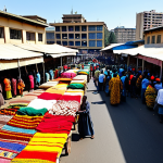 **

"A busy marketplace in Addis Ababa, Ethiopia. People are selling goods, and there are colorful stalls and traditional Ethiopian textiles. Fully clothed individuals are engaging in commerce. In the background, modern buildings are visible, blending with the older architecture. Safe for work, appropriate content, fully clothed, professional, perfect anatomy, natural proportions, vibrant colors, high quality."

**