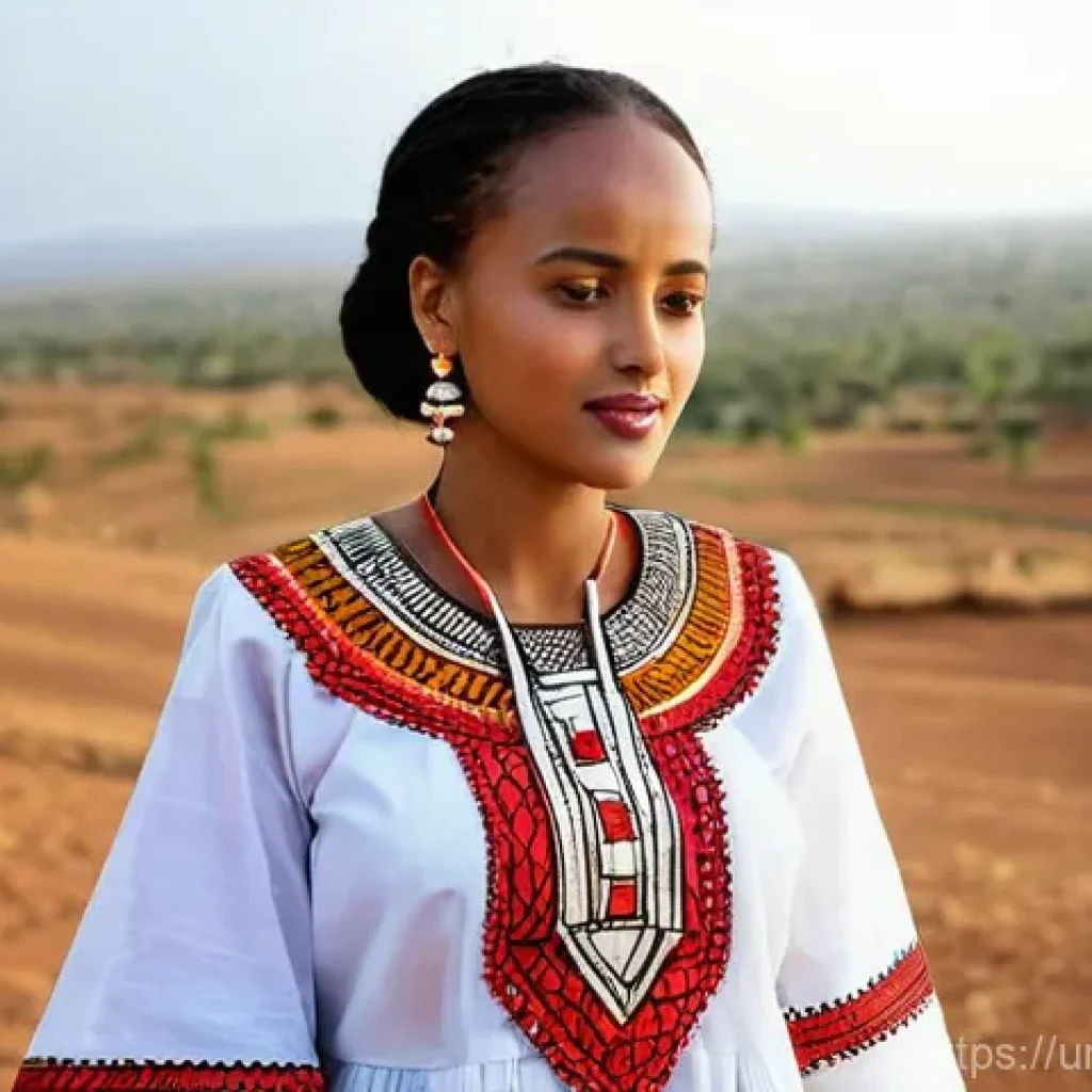 에티오피아 문화와 의상 - **Prompt: A beautiful Ethiopian woman gracefully wearing a Habesha Kemis, showcasing intricate 'Tibe...