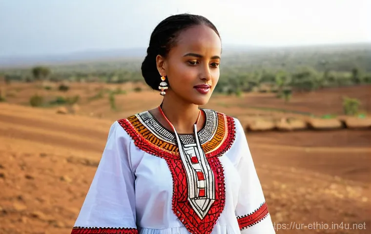 에티오피아 문화와 의상 - **Prompt: A beautiful Ethiopian woman gracefully wearing a Habesha Kemis, showcasing intricate 'Tibe...