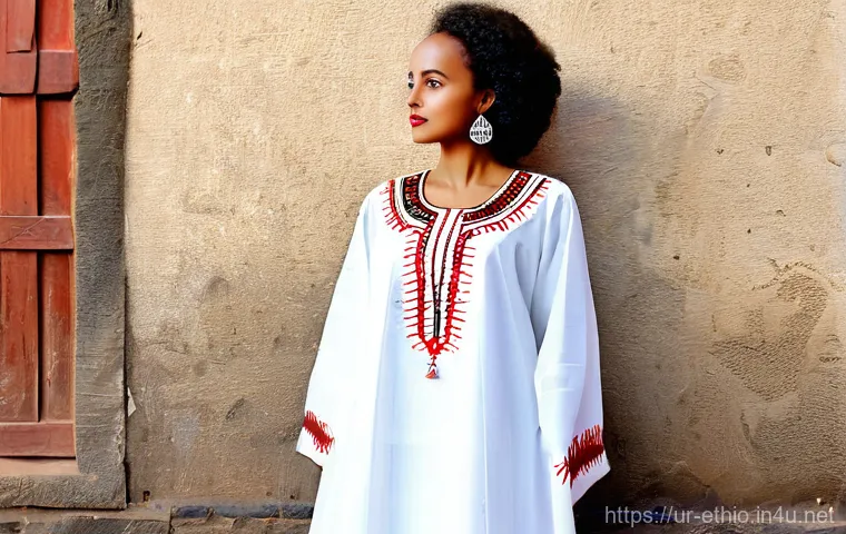 에티오피아 문화와 의상 - **Prompt: A beautiful Ethiopian woman gracefully wearing a Habesha Kemis, showcasing intricate 'Tibe...