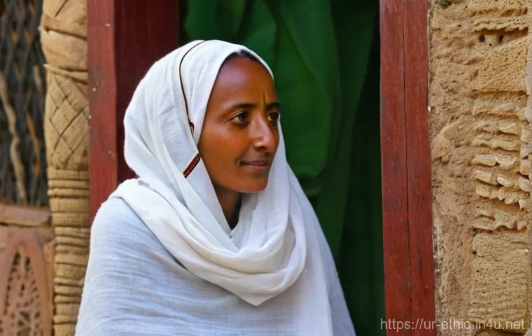 에티오피아 문화와 의상 - **Prompt: A graceful Ethiopian woman in a beautiful Habesha Kemis, featuring intricate 'Tibeb' embro...