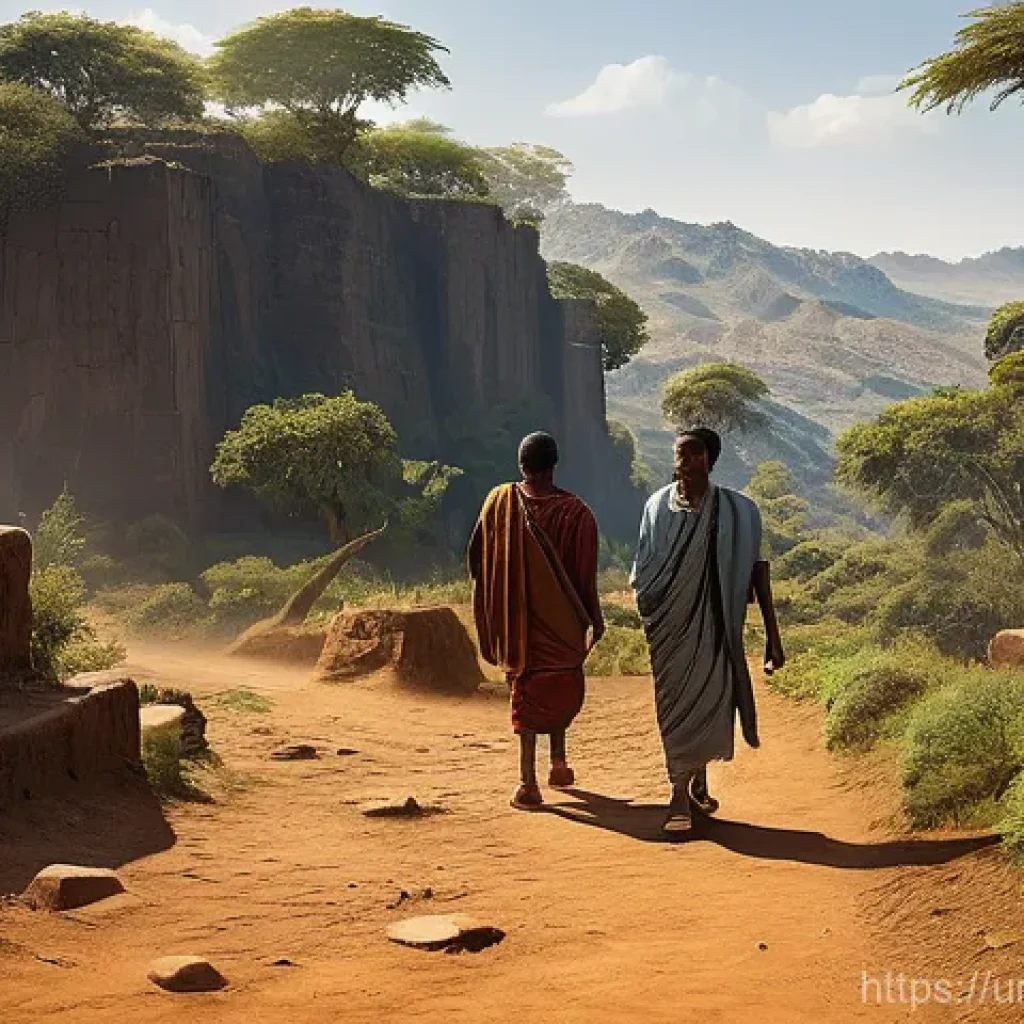 에티오피아 인류학과 고고학 탐사 - **Prompt: The First Steps of Selam**
A realistic illustration of ancient Ethiopia, approximately