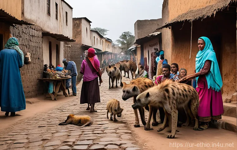 에티오피아 여행 중 놓치기 쉬운 명소 - **Harar's Walled City and Evening Hyena Feeding:**
"A vibrant and bustling scene within the anci...