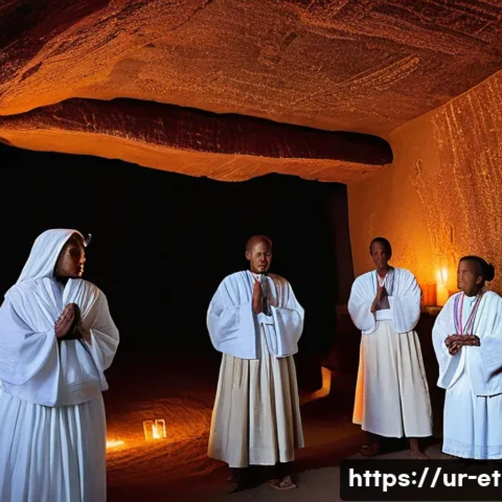에티오피아 북부 여행 루트 - A serene underground Lalibela rock-hewn church interior illuminated by soft candlelight, featuring i...
