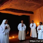 Home 22 에티오피아 북부 여행 루트 - A serene underground Lalibela rock-hewn church interior illuminated by soft candlelight, featuring i...