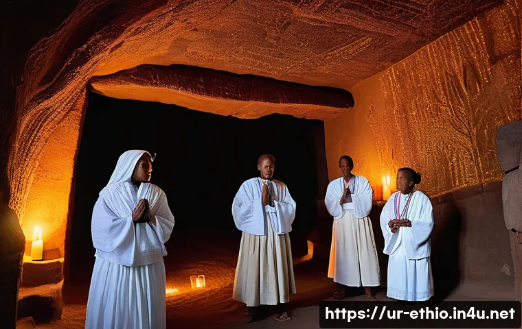 에티오피아 북부 여행 루트 - A serene underground Lalibela rock-hewn church interior illuminated by soft candlelight, featuring i...
