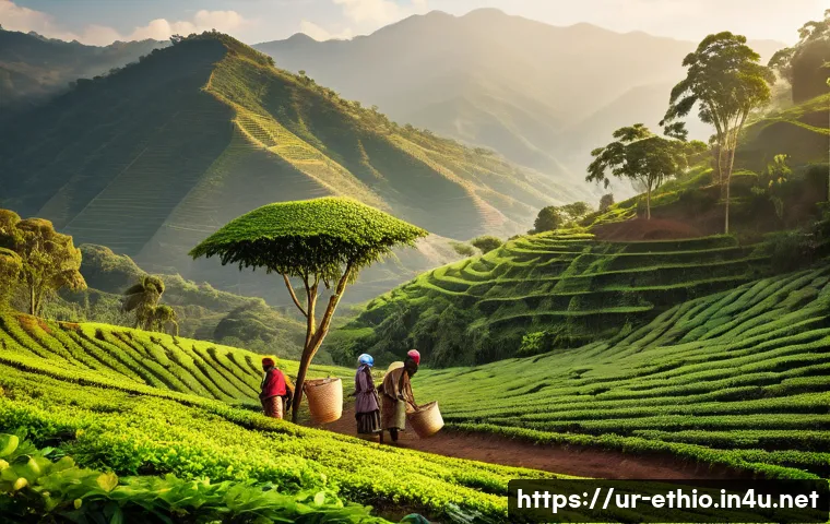 에티오피아 커피와 공정무역 - A detailed scene of small-scale Ethiopian coffee farmers working diligently in their mountainous cof...