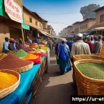 Home 20 에티오피아 수도 아디스아바바 탐방 - A bustling Addis Ababa street market scene focused on Minsa Market, vibrant with colorful traditiona...