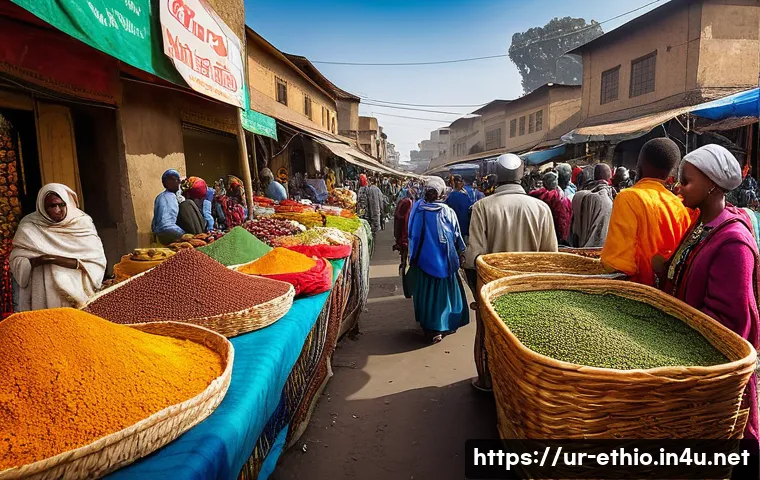 에티오피아 수도 아디스아바바 탐방 - A bustling Addis Ababa street market scene focused on Minsa Market, vibrant with colorful traditiona...