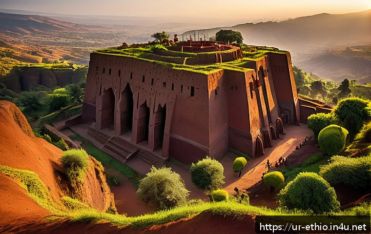 에티오피아의 세계문화유산 목록 - A detailed, vibrant scene of the Rock-Hewn Churches of Lalibela at sunrise, showcasing the unique mo...