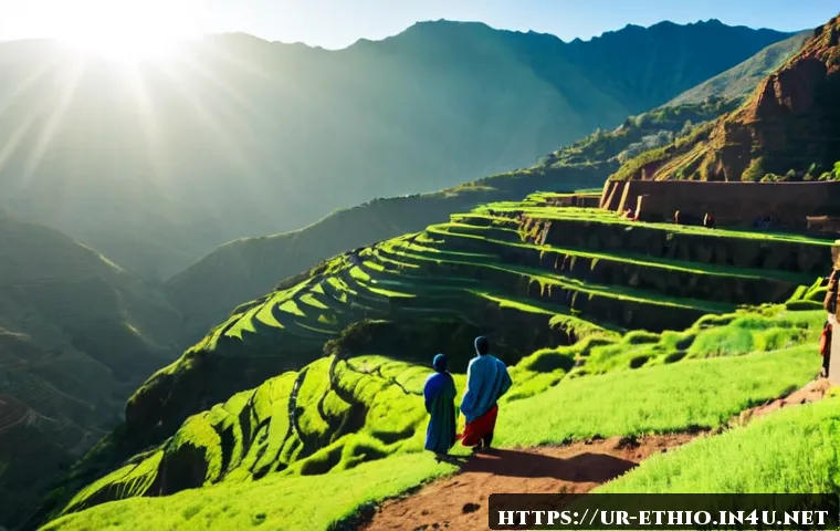 에티오피아 기후와 여행 적기 - Photorealistic Ethiopian highland landscape during the ideal dry-season travel period, lush green te...